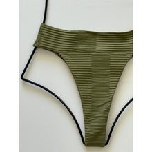 Close-up of Acacia Mateo bikini bottom in Cypress showing ribbed detailing and high-cut silhouette.