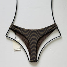 Back view of cheeky-cut Acacia Jane bikini bottom in brown abstract stripe.