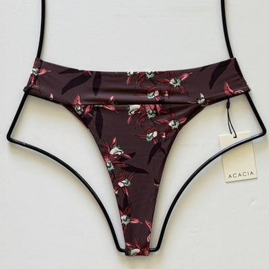 Flat lay of Acacia Swimwear Mateo Bikini Bottom in Ren, brown with burgundy floral print, size small.