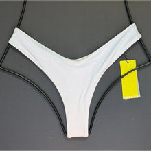 Front view of OneOne Swimwear Heidi Skimpy Bikini Bottom in white, displayed flat with tags attached