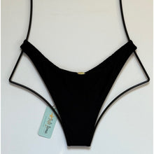 Black Brazilian cut bikini bottom by Luli Fama with minimal coverage and high-leg fit, shown flat with original tags.