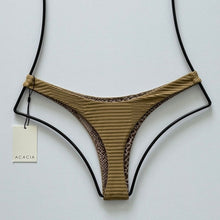 Back flat lay of Acacia Oslo Palm brown bikini bottom showing ribbed texture and minimal coverage