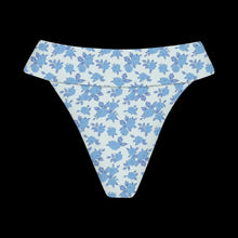 Flat lay of Acacia Swimwear Mateo Bikini Bottom in Petite Rose with ivory base and petite blue rose floral print, size Large.