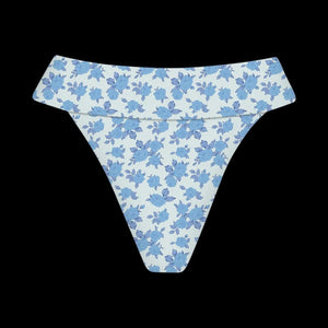 Flat lay of Acacia Swimwear Mateo Bikini Bottom in Petite Rose with ivory base and petite blue rose floral print, size Large.