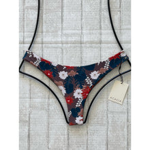 Acacia Swimwear Ho’okipa bikini bottom in Buket floral print, featuring red, ivory, and blush flowers on a mocha base, displayed flat on hanger.