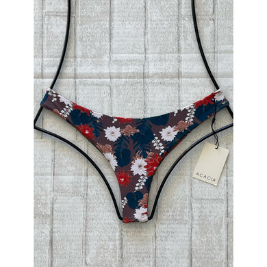 Acacia Swimwear Ho’okipa bikini bottom in Buket floral print, featuring red, ivory, and blush flowers on a mocha base, displayed flat on hanger.