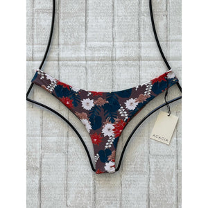 Acacia Swimwear Ho’okipa bikini bottom in Buket floral print, featuring red, ivory, and blush flowers on a mocha base, displayed flat on hanger.