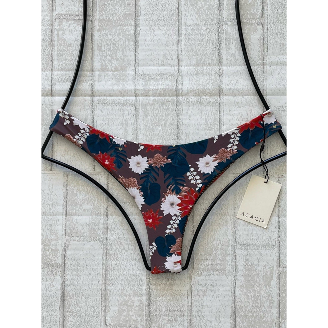 Acacia Swimwear Ho’okipa bikini bottom in Buket floral print, featuring red, ivory, and blush flowers on a mocha base, displayed flat on hanger.