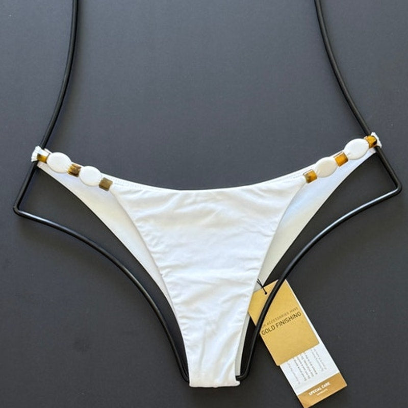 Vix by Paula Hermanny ViX Swimwear DORA Cheeky Bikini Bottom - White - Beaded Detail - Medium - NWT – PerfectKini