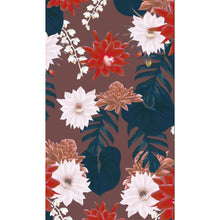 Detailed view of Buket print showing bold red flowers, ivory blossoms, and tropical leaves on a rich brown background.