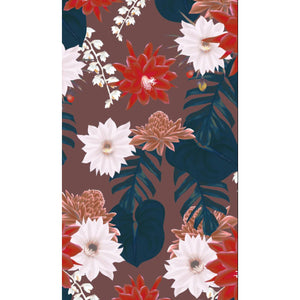 Detailed view of Buket print showing bold red flowers, ivory blossoms, and tropical leaves on a rich brown background.