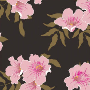 Pattern of pink flowers with green leaves on a deep chocolate brown background