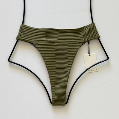Olive green ribbed Acacia Swimwear Mateo bikini bottom laid flat with dual ribbed fabric texture.