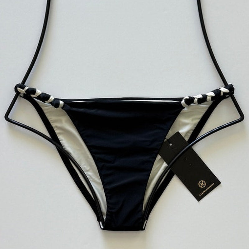 Vix ViX Swimwear Black White Solid KNOT Full Bottom Bikini  – PerfectKini