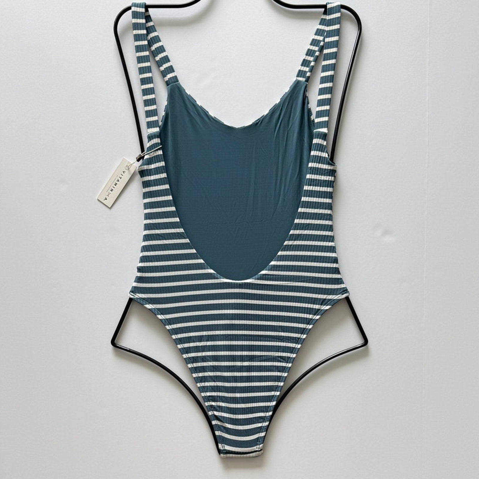 Vitamin A Swimwear Leah Ribbed One Piece - Marine Stripe Grey | Back view