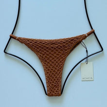 Front flat lay of Acacia Swimwear Neema Crochet Bikini Bottom in Tobacco brown, size XL.
