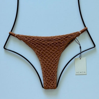 Front flat lay of Acacia Swimwear Neema Crochet Bikini Bottom in Tobacco brown, size XL.