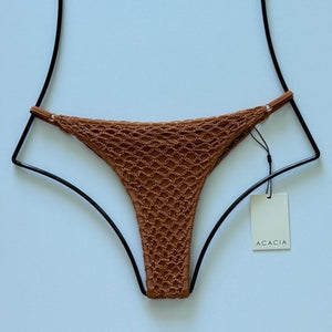 Front flat lay of Acacia Swimwear Neema Crochet Bikini Bottom in Tobacco brown, size XL.