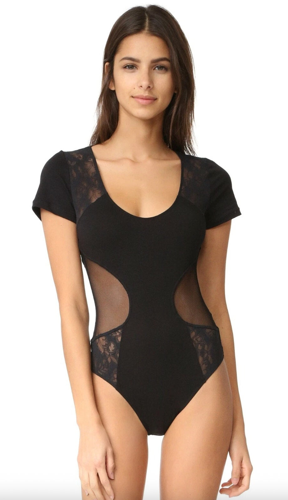 Cosabella Bisou Lace Short Sleeve Teddy Bodysuit - Black