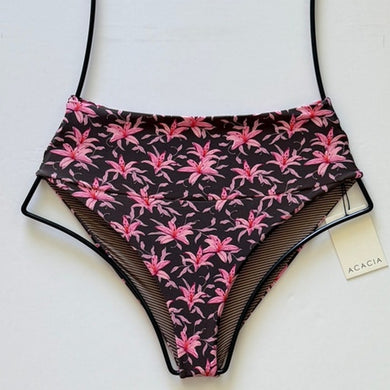 Flat lay of Acacia Swimwear Echo Bikini Bottom in Madonna print – chocolate brown base with pink floral lilies