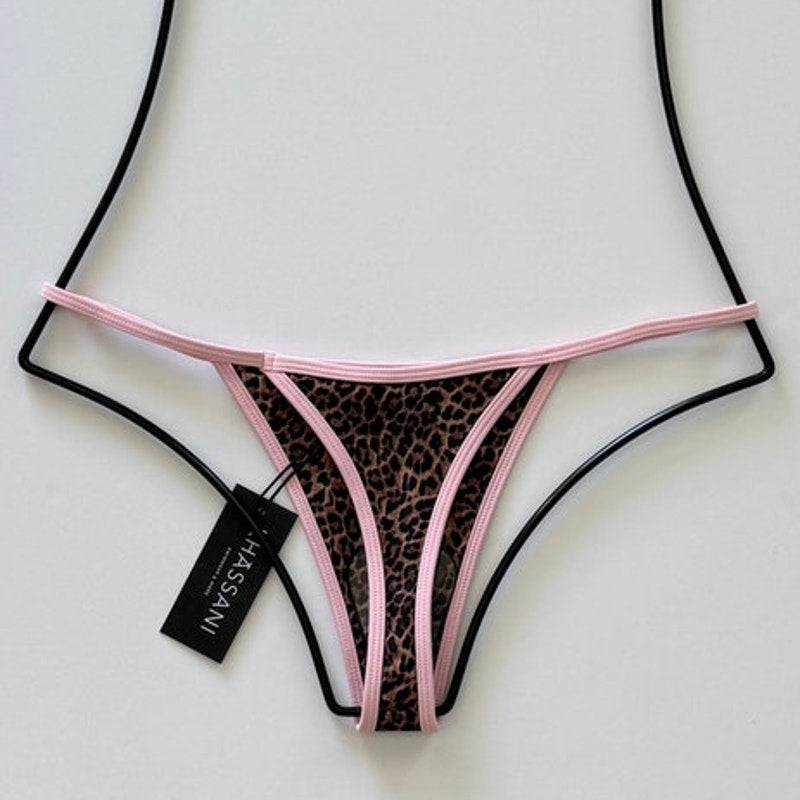 Khassani Swimwear Tanga Tiny Bikini Bottom - Pink Leopard