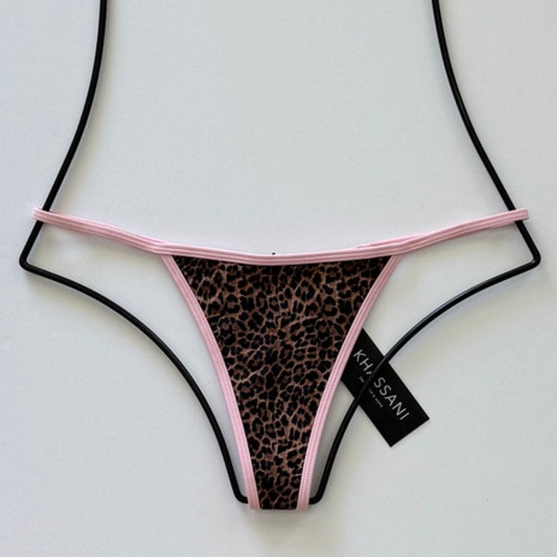 Khassani Swimwear Tanga Tiny Bikini Bottom - Pink Leopard