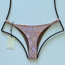 Back view of Acacia Neema Bikini Bottom Dahlai floral print, slim sides, minimal coverage, size large.