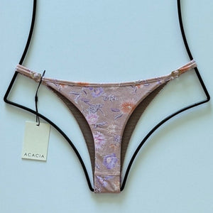 Back view of Acacia Neema Bikini Bottom Dahlai floral print, slim sides, minimal coverage, size large.