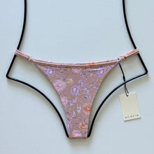 Acacia Swimwear Neema Bikini Bottom in Dahlai – dusty rose with lavender and blush floral print, front view, size large.