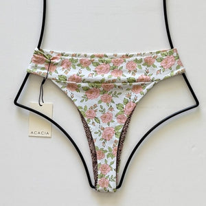 Back view of Acacia Swimwear Mateo bikini bottom Rosie print, high-cut cheeky style with floral rose design.