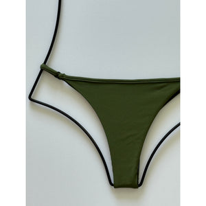 Close-up detail of ribbed fabric and side straps, Basil green Acacia bikini bottom
