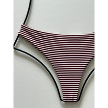 Close-up of Acacia Swimwear Brazil bikini bottom fabric showing striped Carolina design.