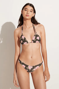 Front view of ACACIA Swimwear Ho‘okipa Bikini Bottom in Floret, low-rise hipster with pink floral print on brown base, cheeky Brazilian skimpy coverage.