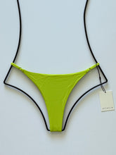 Front flat lay of Acacia Swimwear Ralphy Bikini Bottom in Wasabi, bright lime-green color with adjustable side straps.