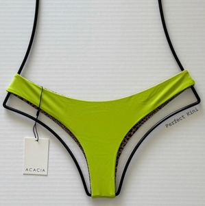 Back view of ACACIA Ho‘okipa Bikini Bottom in Wasabi green, cheeky Brazilian rear coverage, flat lay with designer tag attached.