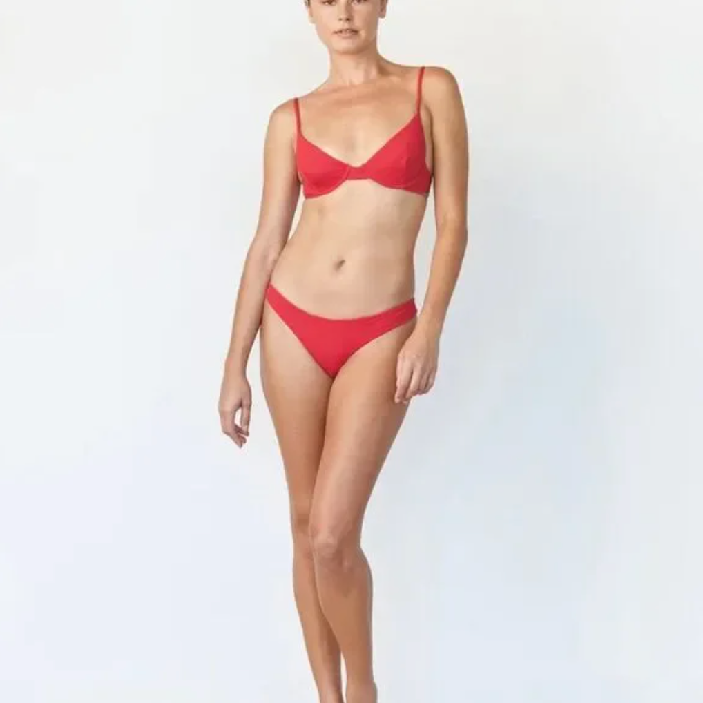 Red bikini worn by a model on a white background