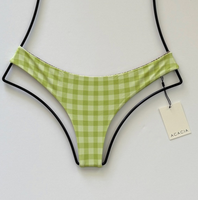 Acacia Swimwear Ho’okipa Bikini Bottom in Stevie green gingham check, minimal coverage cheeky Brazilian cut, size medium – displayed flat with Acacia hang tag.