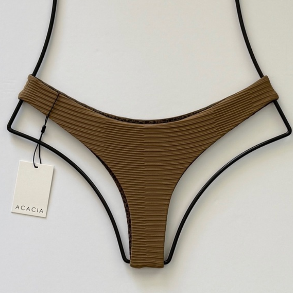 Acacia Swimwear Palm ribbed bikini bottom flat lay with tag – eco friendly recycled nylon