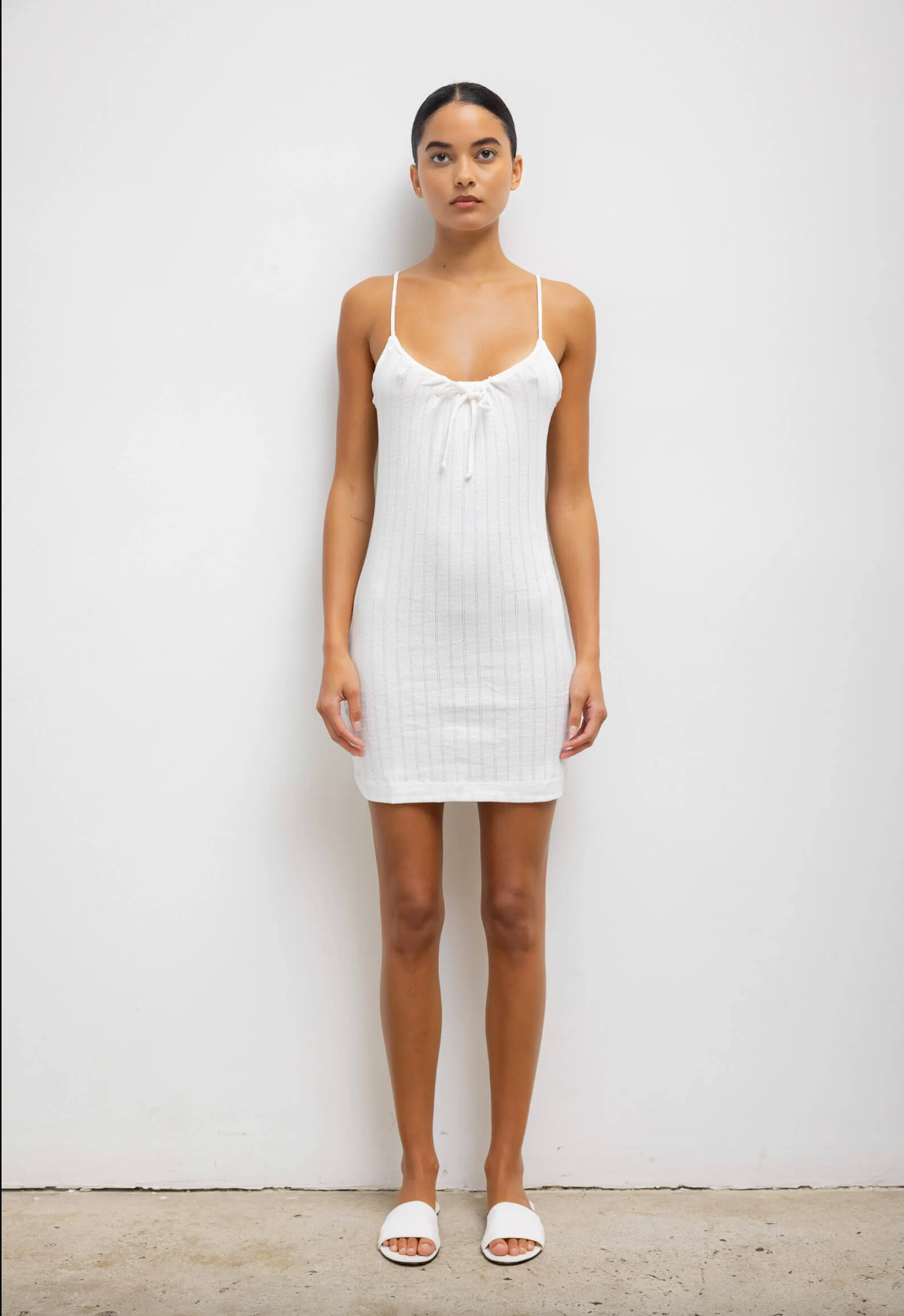 Leset Pointelle Tie Front Mini Dress – White