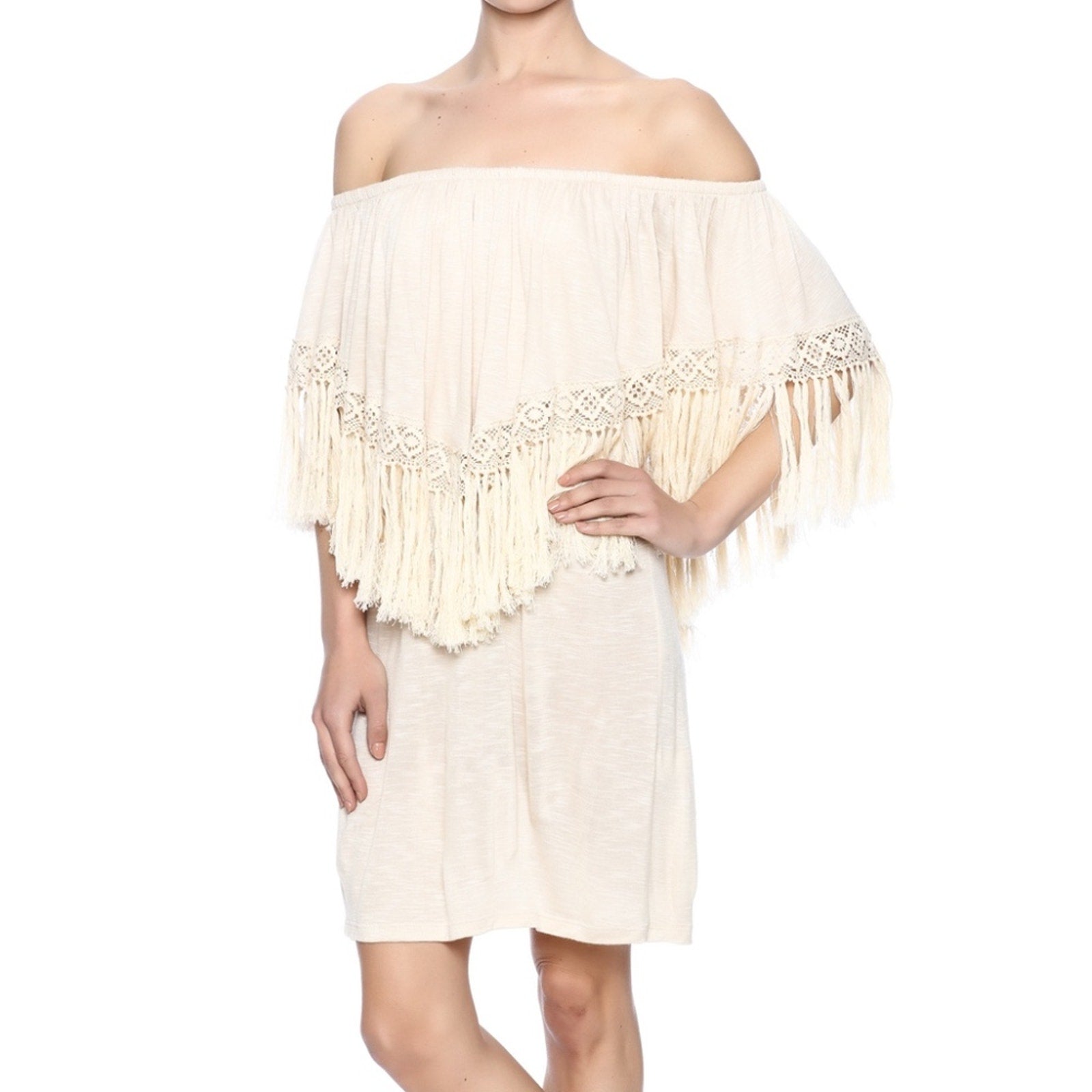 Elan USA Off Shoulder Fringe Boho Dress