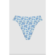 Flat lay of Acacia Swimwear Mateo Bikini Bottom in Petite Rose with ivory base and petite blue rose floral print, size Large.
