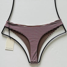 Back view of Acacia Swimwear Brazil bikini bottom showing cheeky high-leg cut in burgundy and white stripes.