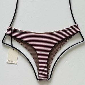 Back view of Acacia Swimwear Brazil bikini bottom showing cheeky high-leg cut in burgundy and white stripes.