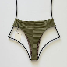 Back flat lay view of olive ribbed Acacia Mateo bikini bottom with cheeky cut.