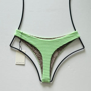 Flat lay back view of Acacia Naupaka ribbed bikini bottom with interior lining detail.