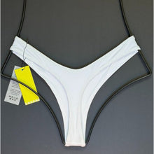 Back view of OneOne Swimwear Heidi Skimpy Bottom in white, showing cheeky minimal coverage cut