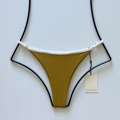 Front flat lay of Acacia Swimwear Neema Piped Ribbed Bikini Bottom in Miso brown with white trim (Size Medium).