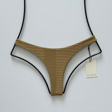 Front flat lay of Acacia Swimwear Oslo Dual Ribbed Bikini Bottom in Palm brown with cheeky cut and high-leg design.