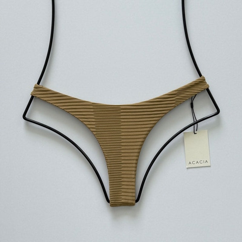 Front flat lay of Acacia Swimwear Oslo Dual Ribbed Bikini Bottom in Palm brown with cheeky cut and high-leg design.